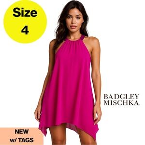 BADGLEY MISCHKA 💞 Vibrant Pink Halter Dress, Purple Collar, Flowy 💜 (Size 4)